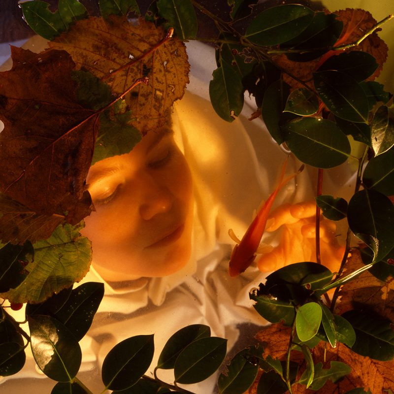 White woman, early 20s, cloaked in white, under water with leaves on top. Shot from above
