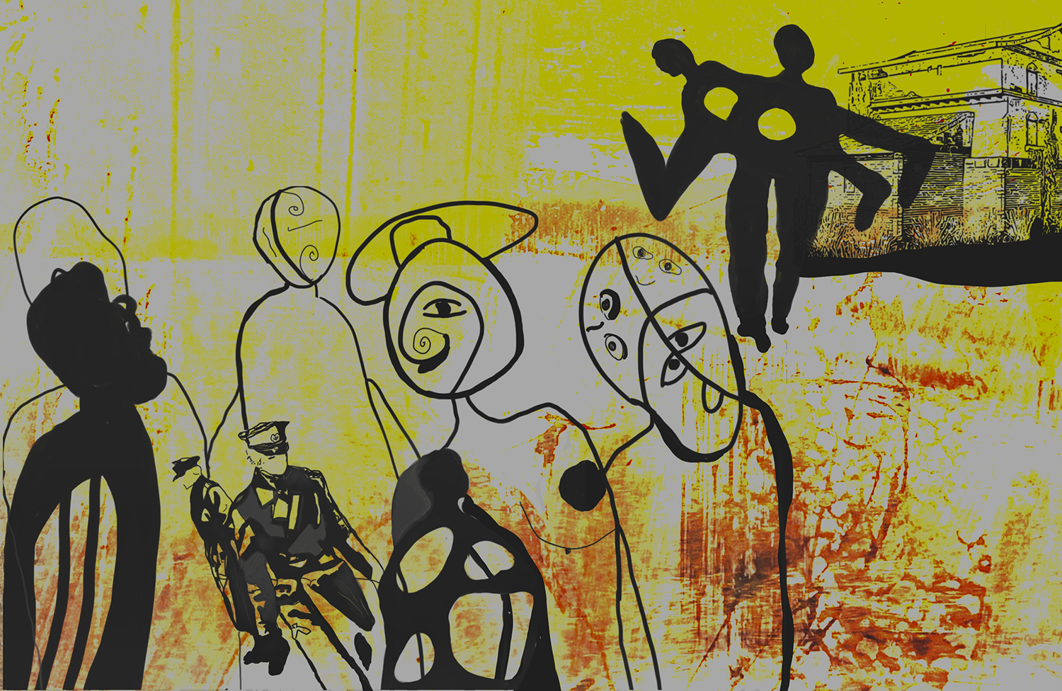Yellow background, figures