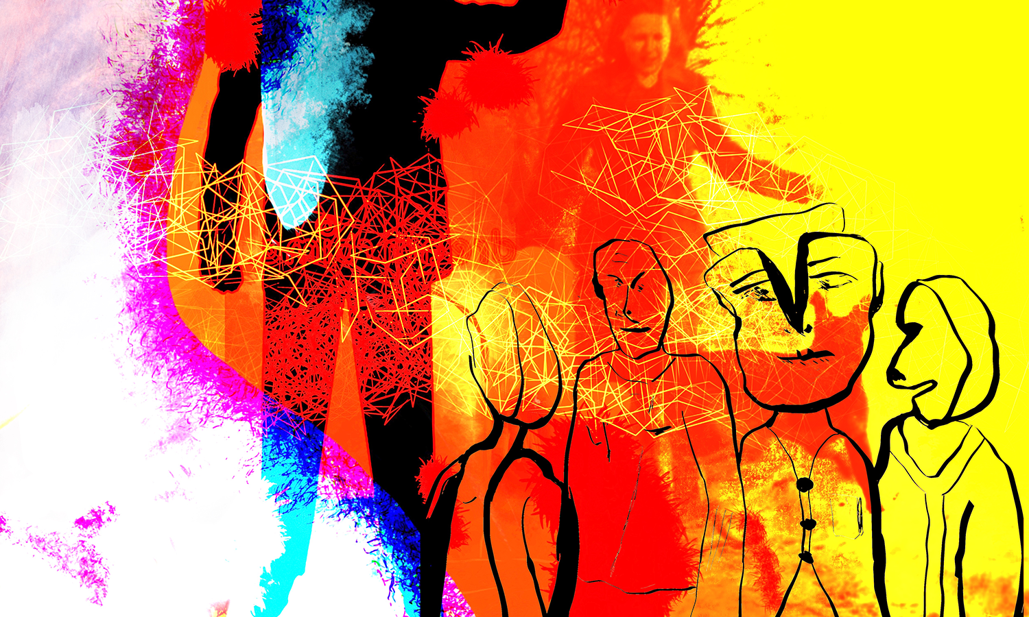 Multi-colored background, figures